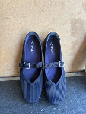 Vivaia Navy Mary Jane Knit Flats with Adjustable Strap
